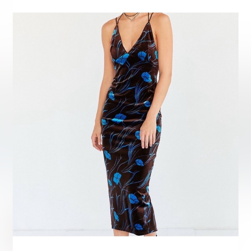 Velvet Midi Dress Spaghetti Straps Open Back Fitted Chocolate Brown Blue Floral